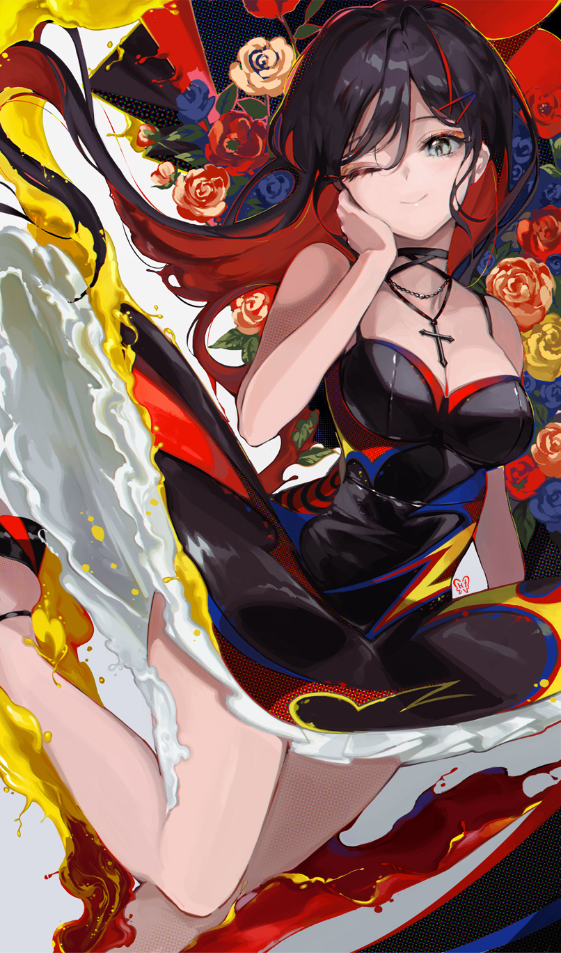1girl, ahoge, bare_shoulders, black_choker, black_dress, black_footwear, black_hair, blue_flower, choker, closed_mouth, colorful, cross, cross_necklace, dress, eyeshadow, flower, gradient, grey_eyeshadow, hair_between_eyes, hair_ornament, hairclip, highres, jewelry, liquid_dress, long_hair, makeup, multicolored_hair, necklace, original, paint, pla4neta, red_eyeshadow, red_flower, redhead, signature, smile, solo, two-tone_hair, yellow_flower