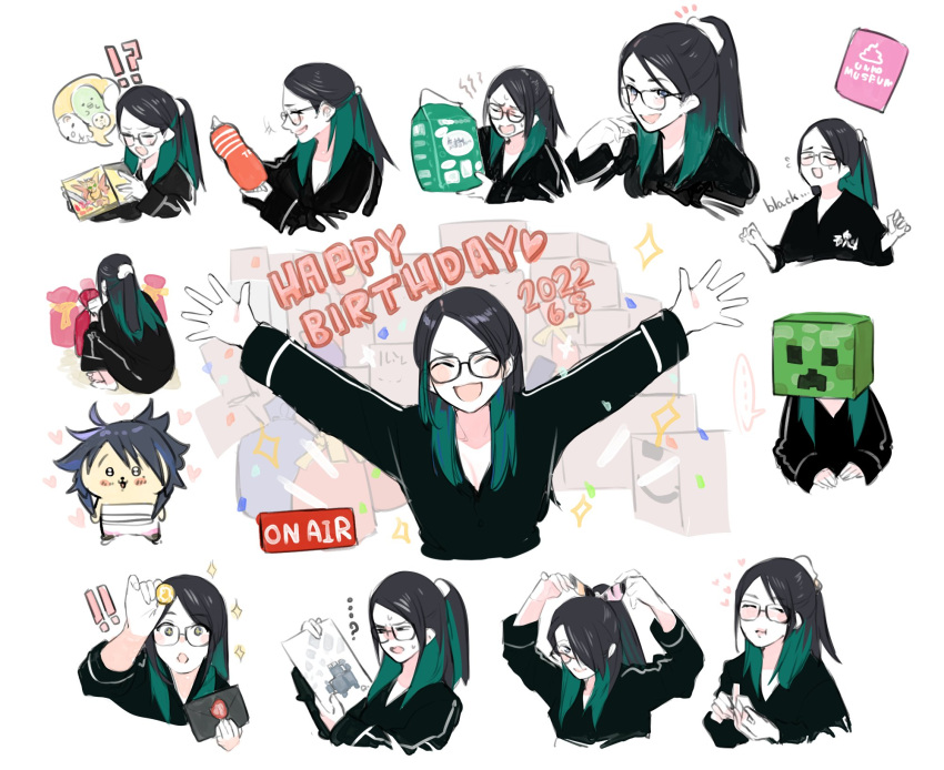 1girl, black_hair, box, cardboard_box, closed_eyes, confetti, cosplay, creeper