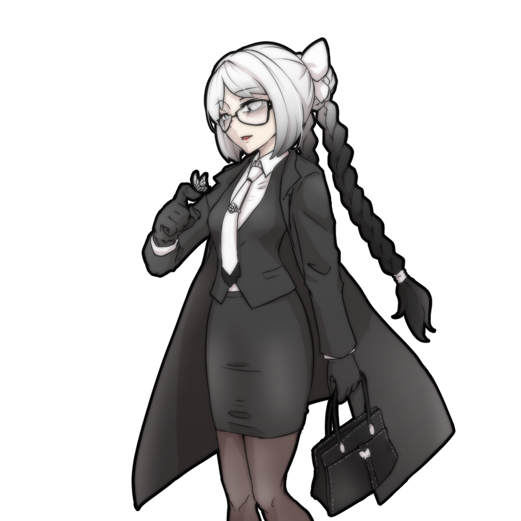 1girl, bag, bags_under_eyes, bangs, black_hair, bow, braid, braided_ponytail, bug, butterfly, butterfly_on_hand, coat, funeral_of_the_dead_butterflies, glasses, gloves, gradient_hair, hair_bow, holding, holding_bag, huyusaki_taiga, lobotomy_corporation, long_hair, long_sleeves, multicolored_hair, necktie, pantyhose, pencil_skirt, personification, project_moon, skirt, solo, tie_clip, two-tone_hair, very_long_hair, vest, white_eyes, white_hair