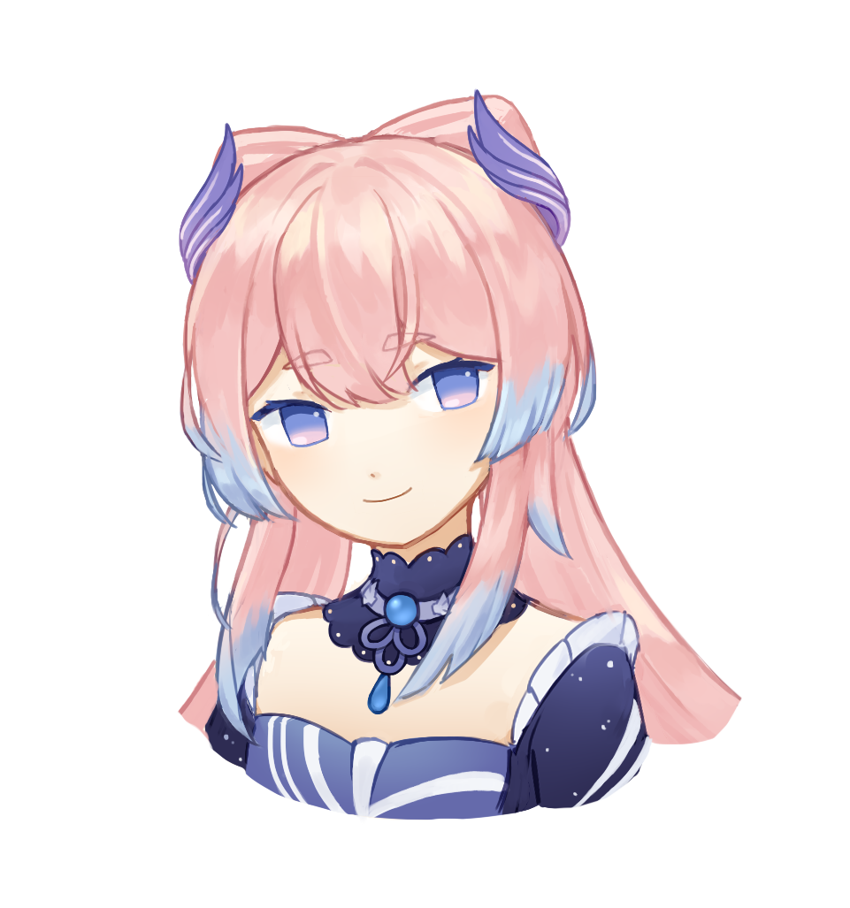 1girl, bangs, blue_hair, bow-shaped_hair, choker, detached_collar, gem, genshin_impact