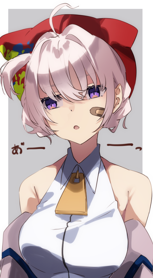 1girl, ahoge, aogiri_koukou_game_club, bandaid, bandaid_on_face, bangs, bare_shoulders, breasts