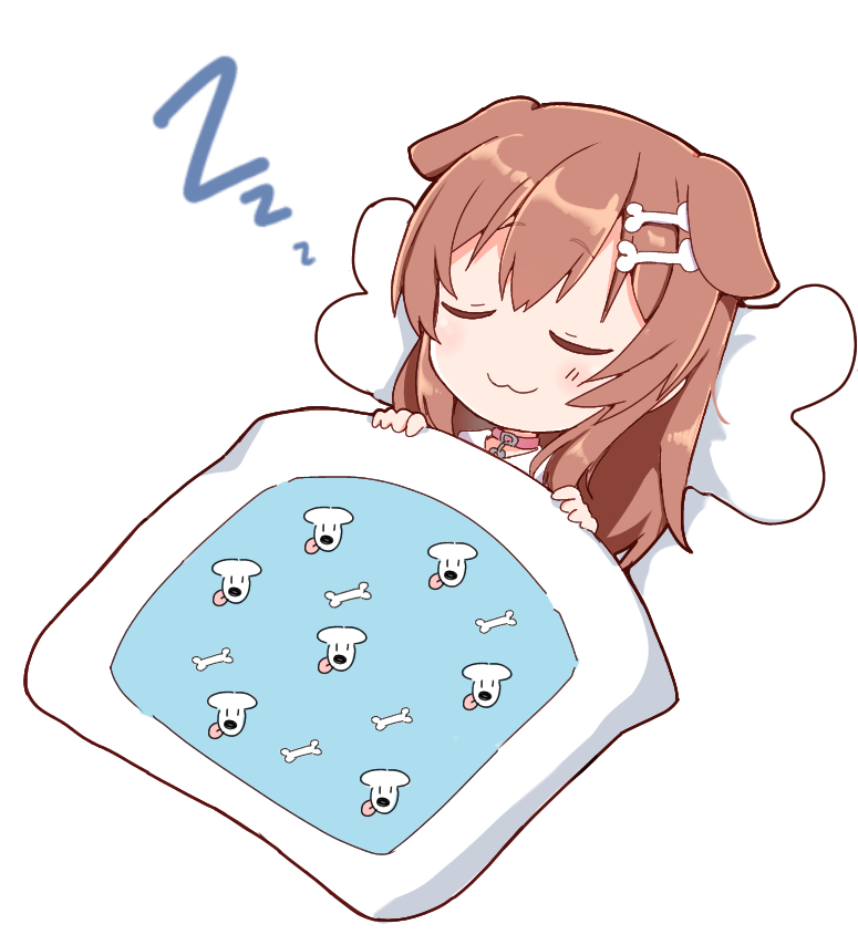 1girl, :3, animal_ears, blush, bone_hair_ornament, brown_hair, cartoon_bone, closed_eyes
