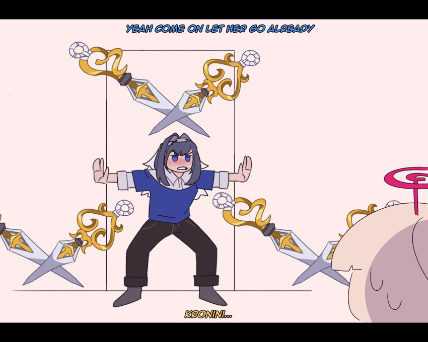 blocking, blue_eyes, blue_hair, door, english_text, hair_intakes, highres, hololive
