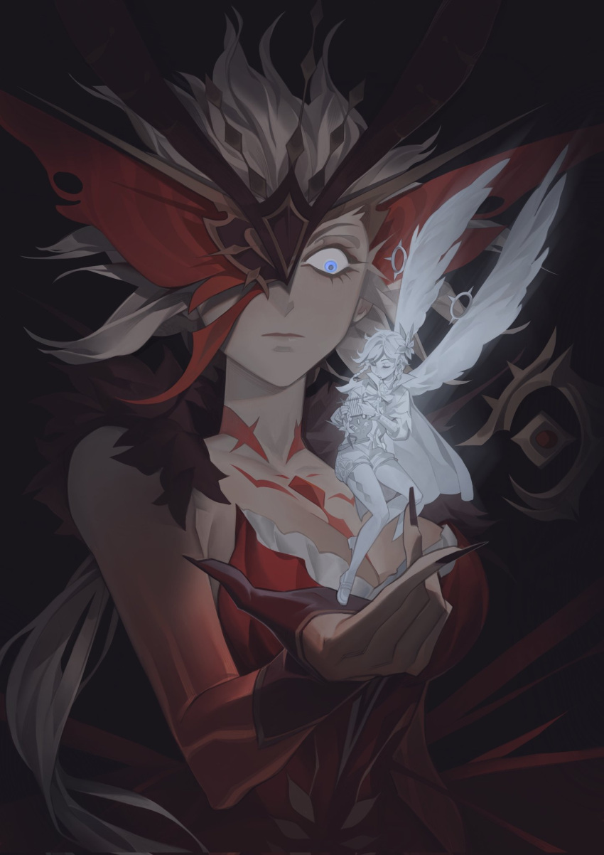 1boy, 1girl, bard, bare_shoulders, black_background, black_nails, blue_eyes, braid