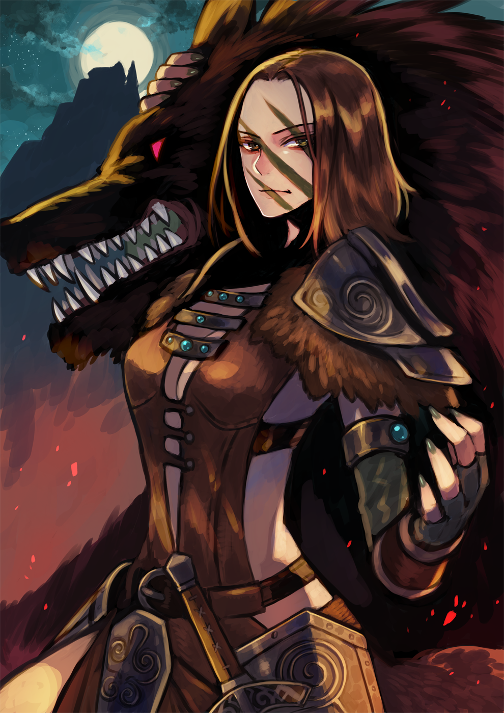 1girl, aela_the_huntress, armlet, armor, belt, breasts, brown_hair, closed_mouth