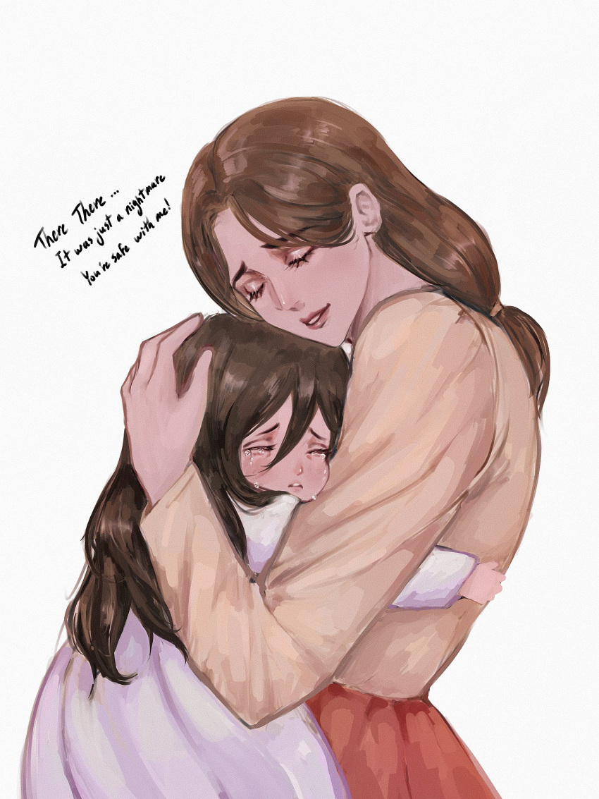 2girls, arms_around_back, bangs, black_hair, brown_hair, brown_shirt, carla_yeager, closed_eyes