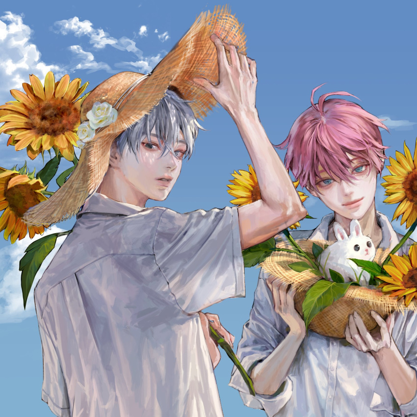 2boys, animal, ateli_er, bishounen, blue_eyes, clouds, cloudy_sky, flower