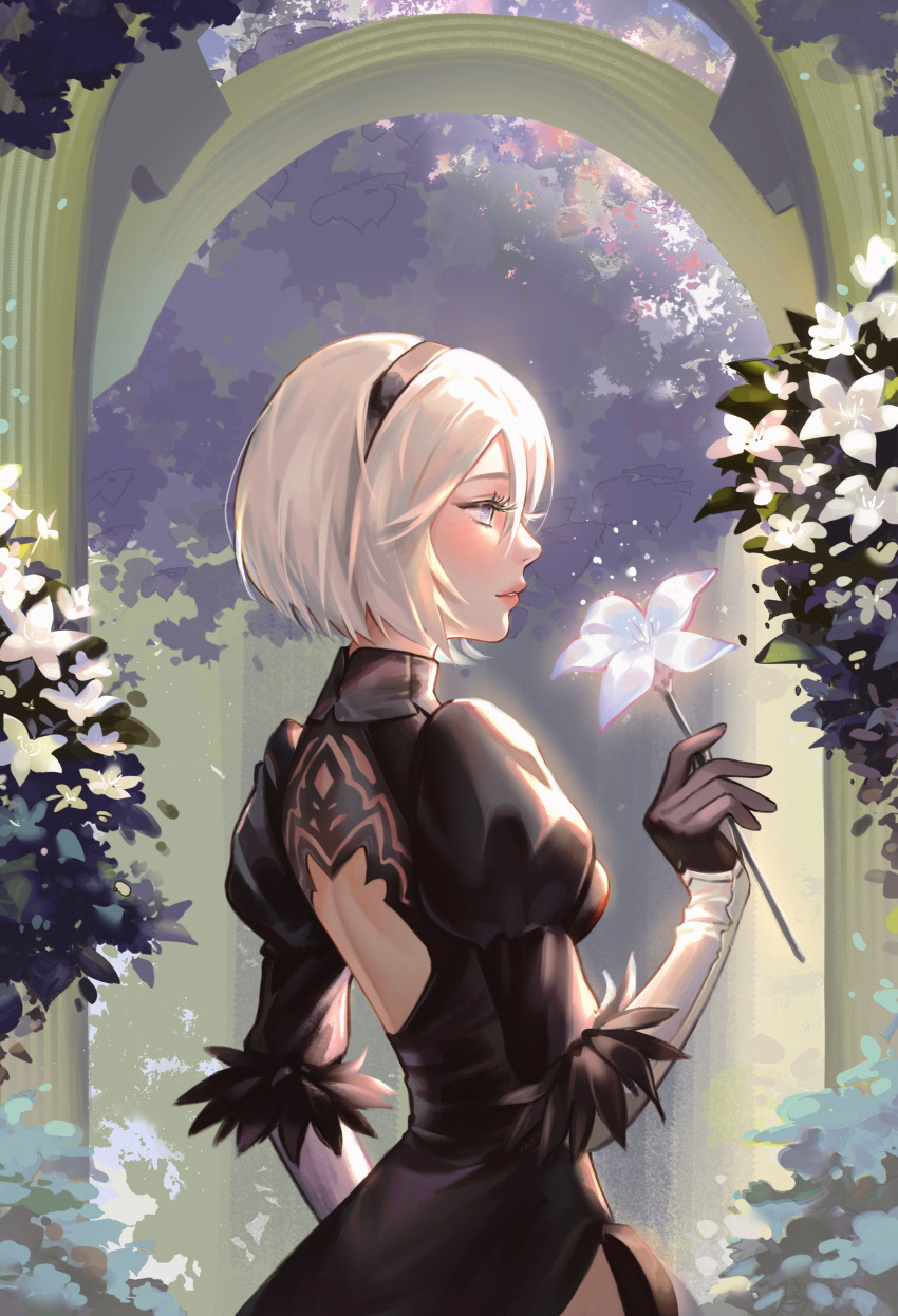 1girl, absurdres, back_cutout, black_dress, black_gloves, black_hair, blue_eyes, bob_cut, breasts, clothing_cutout, courtyard, cowboy_shot, dress, feather_trim, flower, garden, gloves, hair_between_eyes, high_collar, highres, holding, holding_flower, looking_to_the_side, medium_breasts, nier_(series), nier_automata, parted_lips, profile, side_slit, solo, white_hair, yorha_no._2_type_b, yubuki_i