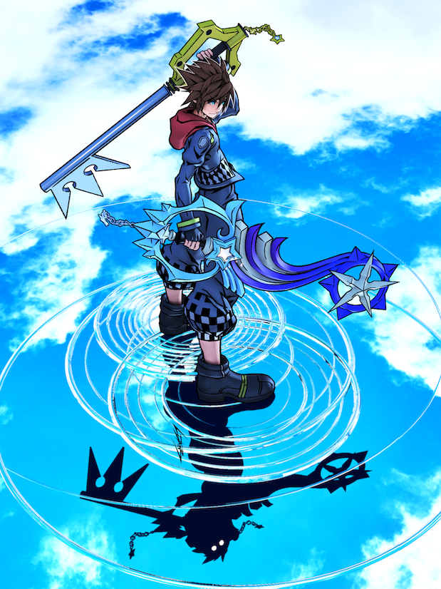 2boys, arm_behind_head, black_footwear, blue_eyes, boots, brown_hair, checkered_shorts, clouds, cloudy_sky, cropped_jacket, dual_wielding, fingerless_gloves, full_body, gloves, hair_between_eyes, holding, holding_weapon, hood, hooded_jacket, jacket, keyblade, kingdom_hearts, ldawb, long_sleeves, male_focus, multiple_boys, red_hood, reflection, reflective_water, ripples, shadow, short_hair, sky, sora_(kingdom_hearts), spiky_hair, weapon, white_eyes