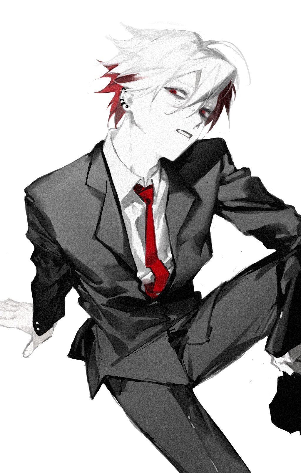 1boy, ahoge, bangs, bishounen, black_suit, copyright_request, ear_piercing, formal, full_body, highres, male_focus, multicolored_hair, necktie, perdrekisuru, piercing, red_eyes, red_necktie, redhead, shirt, short_hair, simple_background, sitting, solo, suit, white_background, white_hair, white_shirt