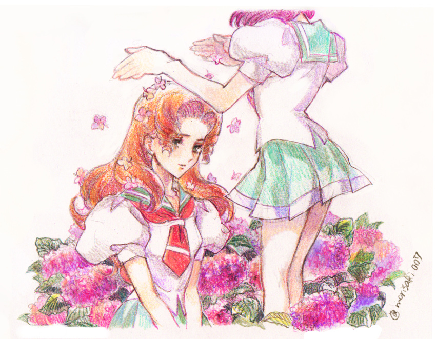2girls, arisugawa_juri, closed_mouth, colored_pencil_(medium), flower, flower_on_head, green_eyes, green_sailor_collar