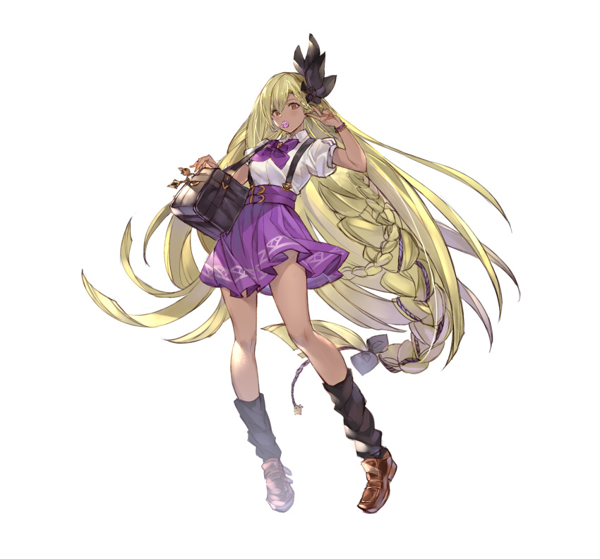1girl, alternate_costume, bag, bangs, black_socks, bow, bowtie, braid, breasts, brown_footwear, candy, dark-skinned_female, dark_skin, food, full_body, granblue_fantasy, green_hair, helel_ben_shalem, highres, loafers, lollipop, long_hair, looking_at_viewer, mouth_hold, nishiki_(jinnishiki), orange_eyes, puffy_short_sleeves, puffy_sleeves, purple_bow, purple_bowtie, purple_skirt, school_swimsuit, shirt, shoes, short_sleeves, shoulder_bag, skirt, small_breasts, socks, solo, suspender_skirt, suspenders, swimsuit, v, very_long_hair, white_shirt, wristband