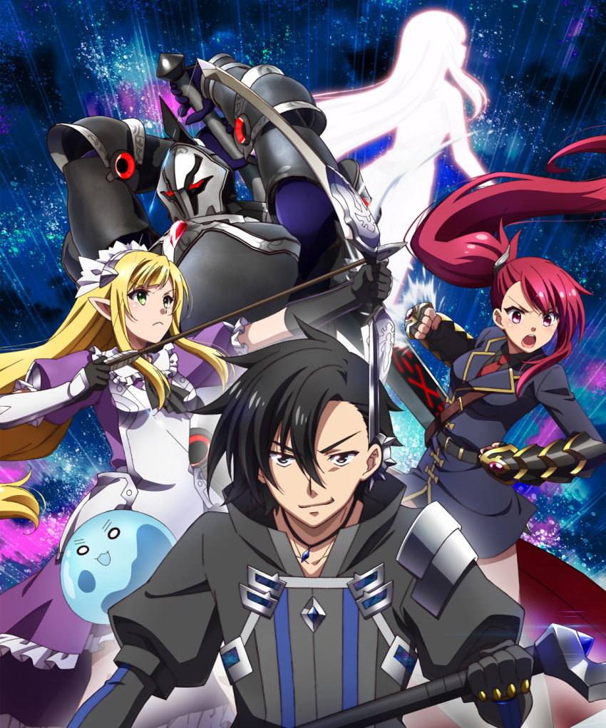 2boys, 3girls, armor, arrow_(projectile), black_eyes, black_hair, blonde_hair, bow, breasts, clotho_(kuro_no_shoukanshi), efil_(kuro_no_shoukanshi), elf, gerard_(kuro_no_shoukanshi), gloves, green_eyes, hair_ornament, highres, kelvin_(kuro_no_shoukanshi), key_visual, kuro_no_shoukanshi, long_hair, medium_breasts, melfina_(kuro_no_shoukanshi), multiple_boys, multiple_girls, official_art, pointy_ears, promotional_art, red_eyes, redhead, release_date, sera_(kuro_no_shoukanshi), slime_(creature)