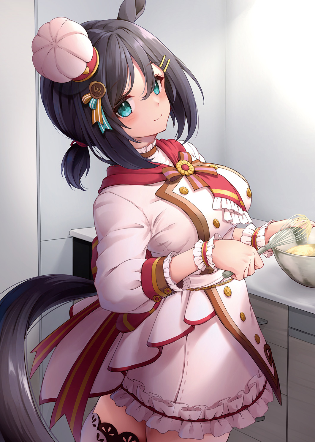 1girl, animal_ears, aqua_eyes, awa_yume, black_hair, bowl, breasts, chef_hat