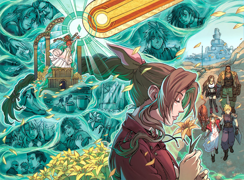aerith_gainsborough, animal, armor, baggy_pants, bald, bangle, bangs, barret_wallace