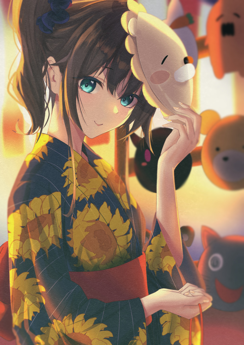 1girl, aqua_eyes, brown_hair, festival, flower, hair_ribbon, hand_on_mask, haro_art