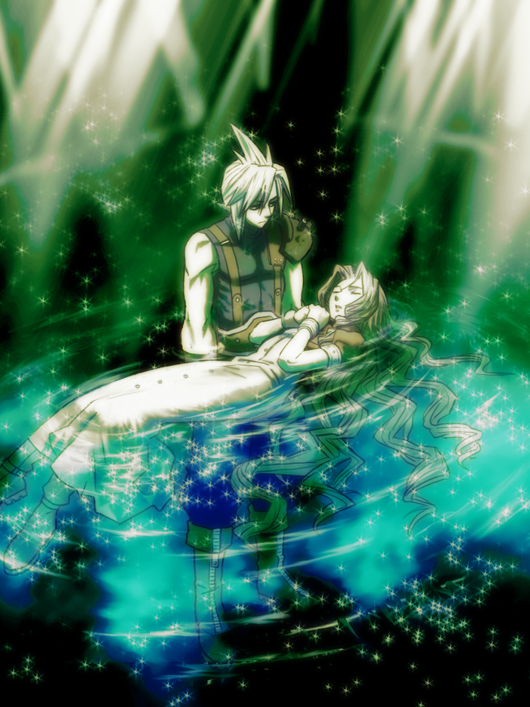 1boy, 1girl, aerith_gainsborough, armor, bangle, bangs, belt, blonde_hair, blue_shirt, boots, bracelet, brown_hair, buttons, closed_eyes, cloud_strife, cropped_jacket, dress, final_fantasy, final_fantasy_vii, floating, full_body, hair_between_eyes, hair_down, isaki_(shimesaba), jacket, jewelry, lake, long_dress, long_hair, looking_at_another, muscular, muscular_male, own_hands_clasped, own_hands_together, parted_bangs, parted_lips, partially_submerged, pink_dress, puffy_short_sleeves, puffy_sleeves, red_jacket, shirt, short_hair, short_sleeves, shoulder_armor, sidelocks, sparkle, spiky_hair, suspenders, wavy_hair