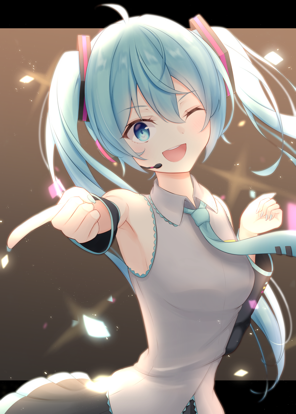 1girl, ;d, aqua_eyes, aqua_hair, aqua_necktie, armpits, bangs, brown_background