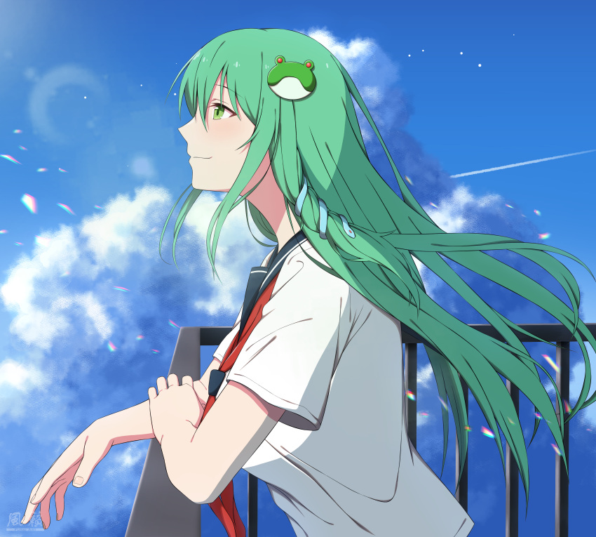 1girl, absurdres, balcony, bangs, blue_sky, closed_mouth, clouds, english_commentary