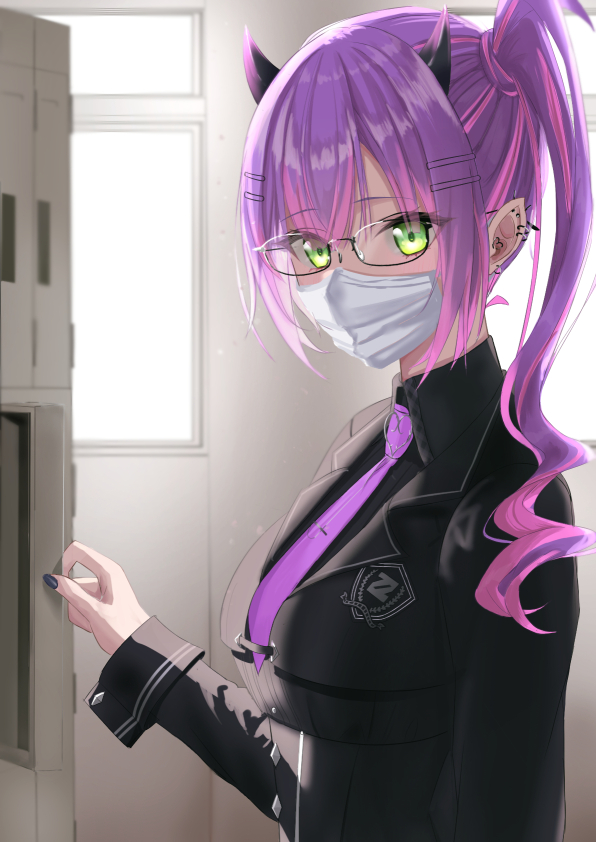 1girl, black_nails, breasts, dress, earrings, glasses, haro_art, hololive