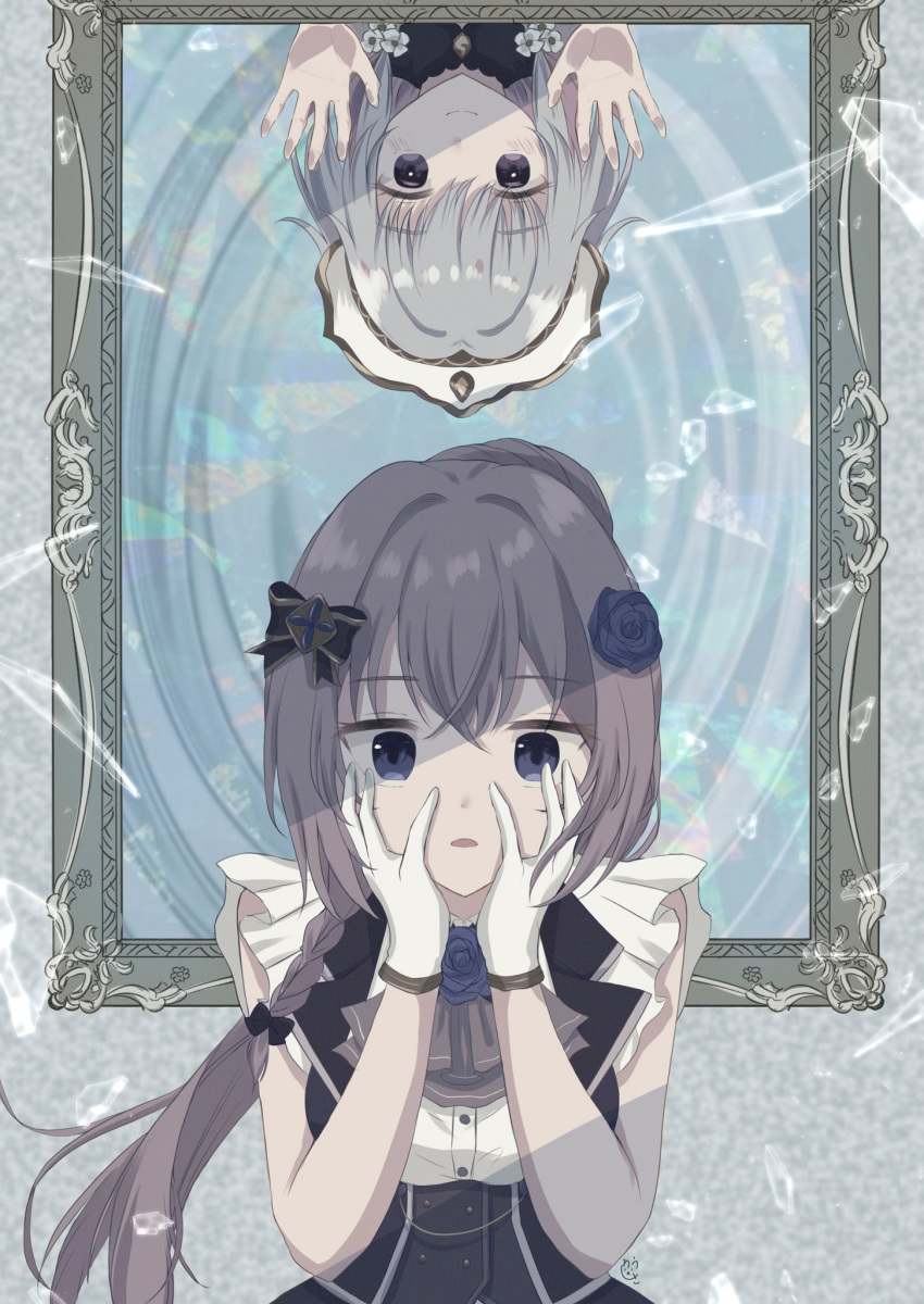 2girls, against_glass, against_mirror, bangs, black_bow, blue_eyes, blue_flower, blue_rose