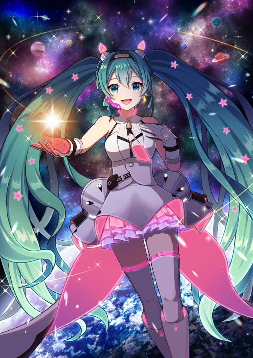 1girl, :d, aqua_eyes, aqua_hair, bangs, bare_shoulders, blush, boots, braid, commentary_request, earrings, earth_(planet), feet_out_of_frame, frilled_skirt, frills, galaxy_live_(vocaloid), gloves, hair_between_eyes, hair_ornament, hairband, hand_up, hatsune_miku, headset, highres, jacket, jewelry, layered_skirt, long_hair, looking_at_viewer, microphone, multicolored_clothes, multicolored_skirt, neon_trim, open_mouth, outstretched_arm, pink_gloves, planet, planetary_ring, pouch, sidelocks, skirt, sleeveless, sleeveless_jacket, smile, solo, space, sparkle, star_(sky), star_(symbol), star_hair_ornament, su34ma, teeth, thigh-highs, twintails, two-tone_gloves, upper_teeth, very_long_hair, vocaloid, white_footwear, white_gloves, white_jacket, white_thighhighs, zettai_ryouiki