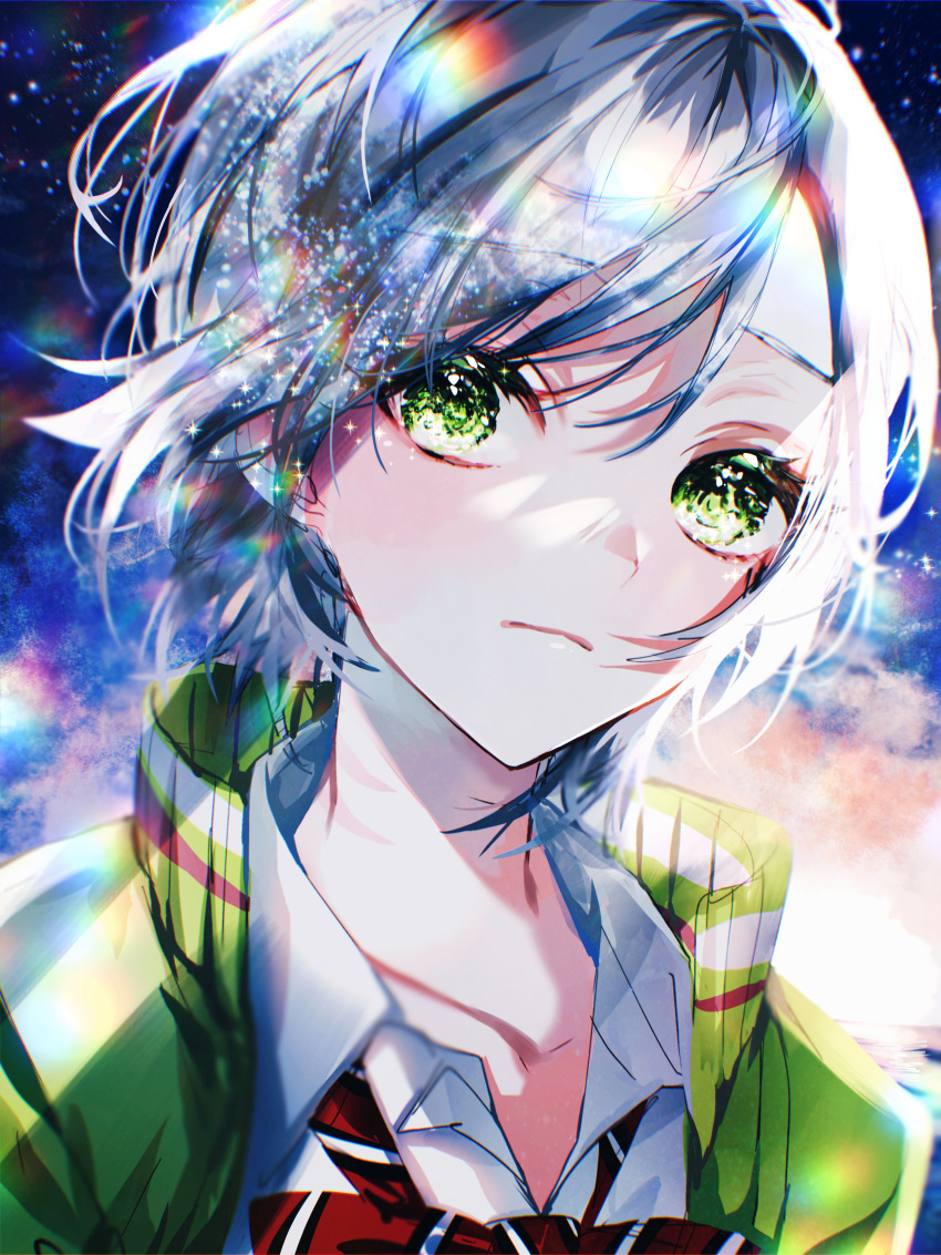 1girl, absurdres, banbiiiino0303, bangs, blue_background, bow, closed_mouth, collarbone, collared_shirt, commentary_request, green_eyes, green_jacket, grey_hair, high_collar, highres, hinomori_shiho, jacket, looking_at_viewer, open_clothes, open_jacket, project_sekai, red_bow, shirt, short_hair, solo, space, striped, striped_bow, upper_body, white_shirt