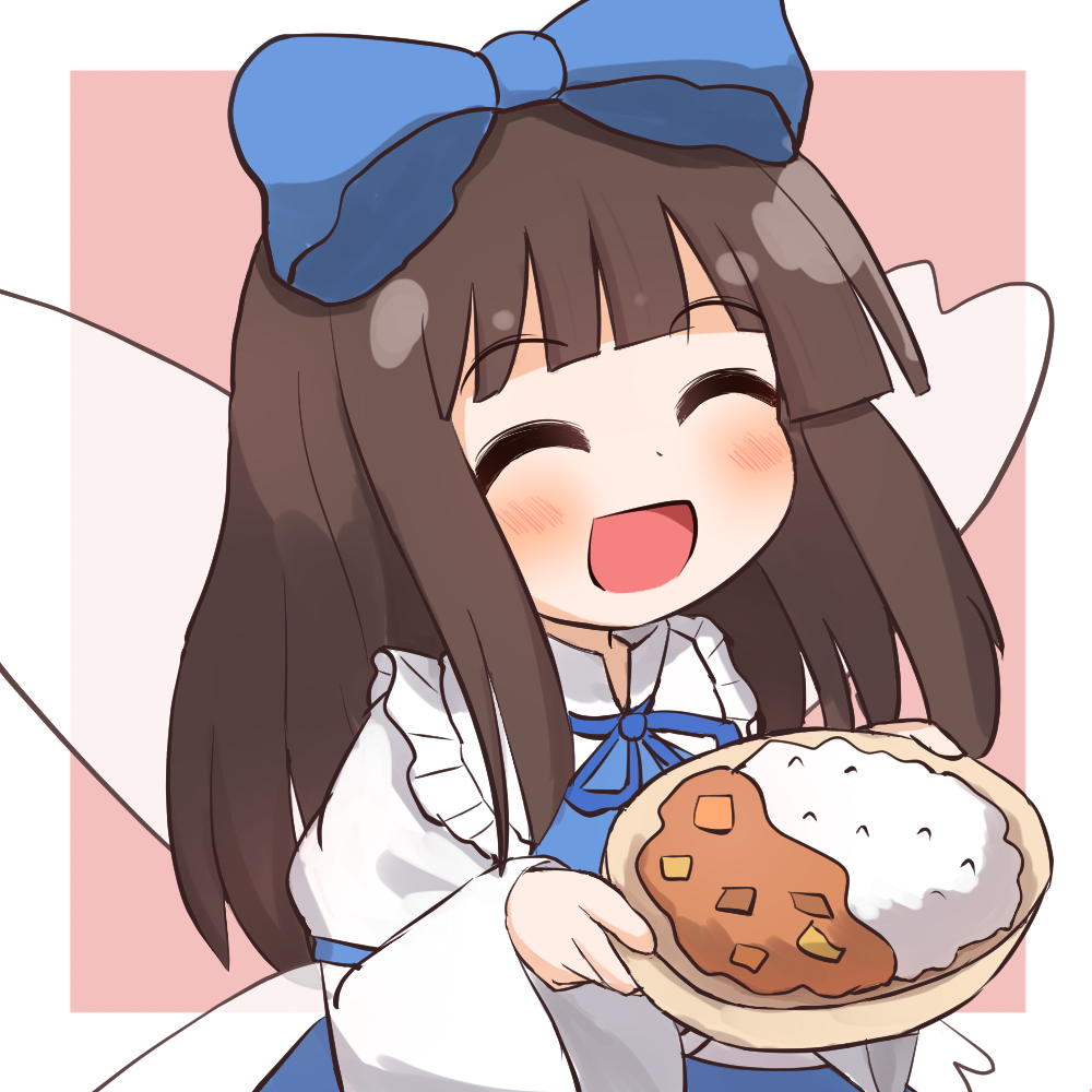 1girl, :d, bangs, blunt_bangs, blush, bow, brown_hair, closed_eyes, collared_dress, coruthi, curry, curry_rice, dress, fairy_wings, food, frilled_shirt_collar, frills, hair_bow, holding, holding_food, holding_plate, juliet_sleeves, long_hair, long_sleeves, neck_ribbon, open_mouth, plate, puffy_sleeves, ribbon, rice, smile, solo, star_sapphire, touhou, wide_sleeves, wings