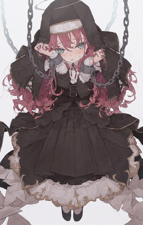 1girl, bandaged_arm, bandages, bangs, black_dress, black_footwear, blue_eyes, blush
