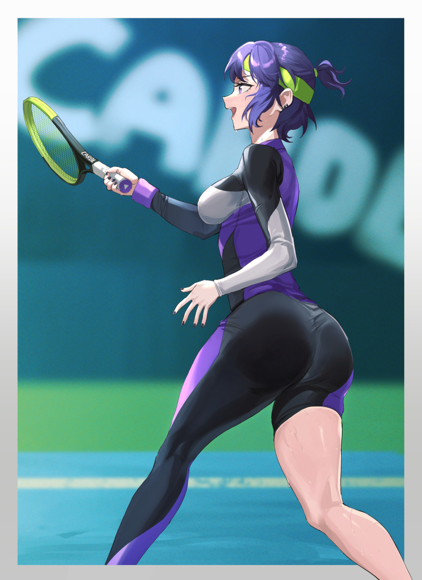 1girl, a-soul, absurdres, ass, asymmetrical_clothes, bangs, blurry, blurry_background, carol_(a-soul), chuck_(harfmoondark), ear_piercing, fingernails, headband, highres, holding, holding_racket, legs_apart, lips, long_sleeves, looking_ahead, messy_hair, open_mouth, piercing, ponytail, profile, purple_hair, purple_nails, racket, short_ponytail, sidelocks, single_pantsleg, smile, sportswear, sweat, tennis_racket, thighs, unitard, violet_eyes