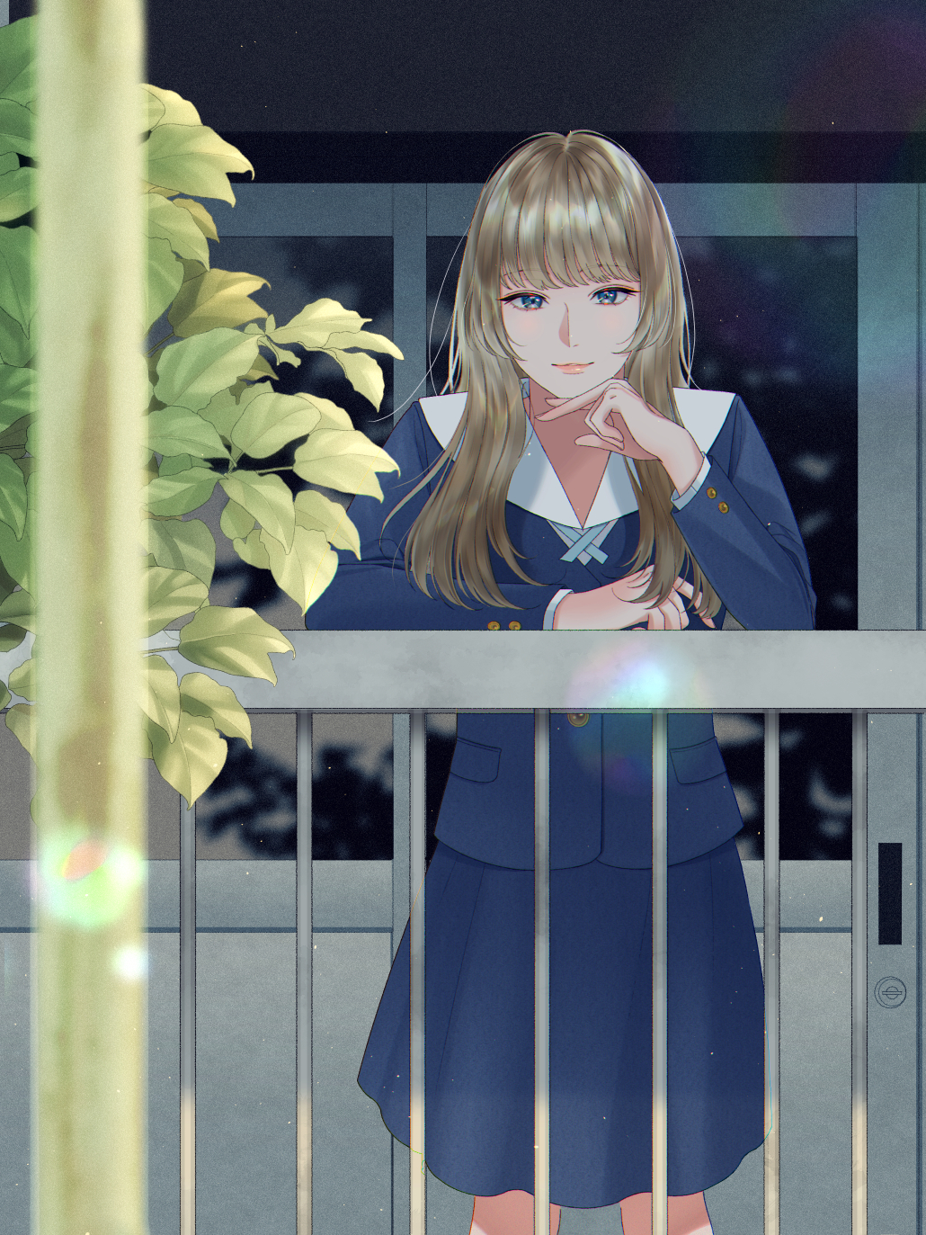 1girl, blue_eyes, blue_jacket, blue_skirt, blurry, blurry_foreground, brown_hair, door