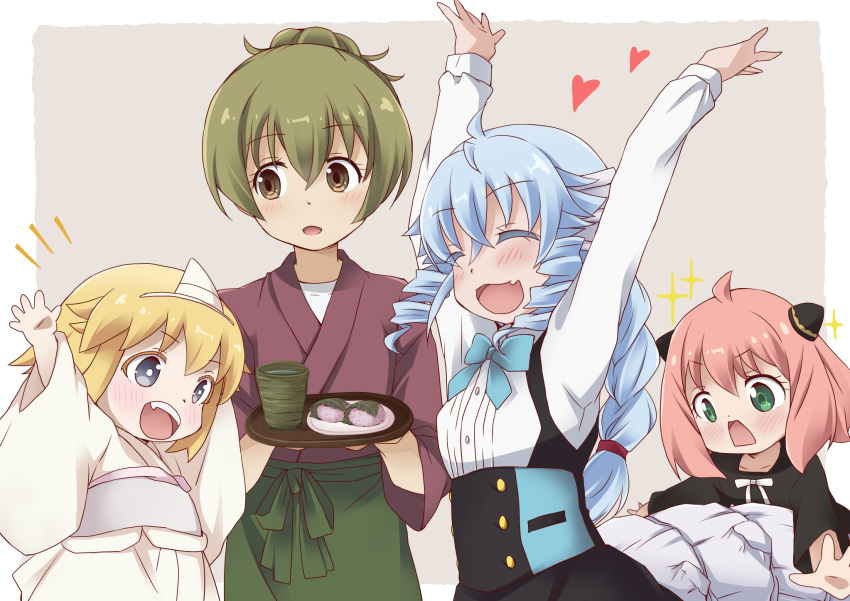 4girls, ahoge, anya_(spy_x_family), arms_up, bangs, blonde_hair, blue_hair, blush