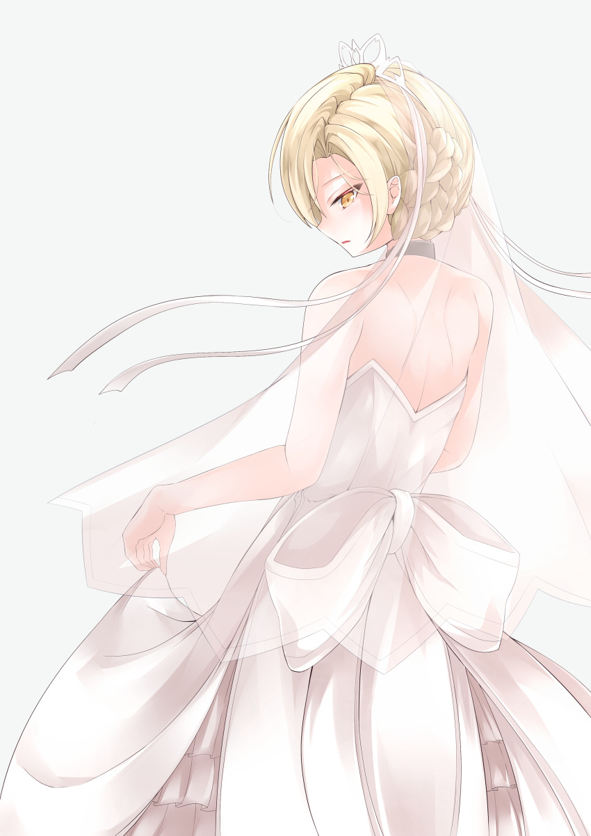 absurdres, azur_lane, back, backless_dress, backless_outfit, blonde_hair, braid, bridal_veil, choker, commentary, dress, from_behind, highres, looking_back, osatou_(soul_of_sugar), sheffield_(azur_lane), skirt_hold, tiara, veil, wedding_dress, white_dress, yellow_eyes