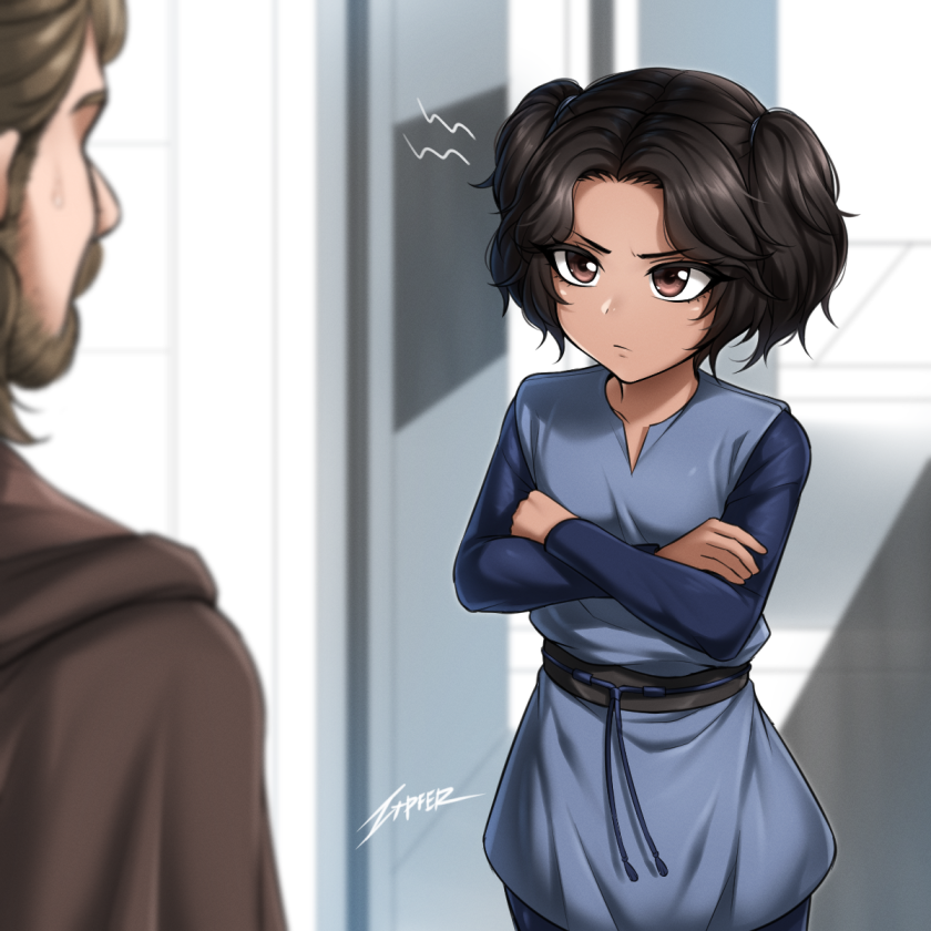 1boy, 1girl, anger_vein, beard, black_hair, blue_shirt, boba_fett, brown_eyes