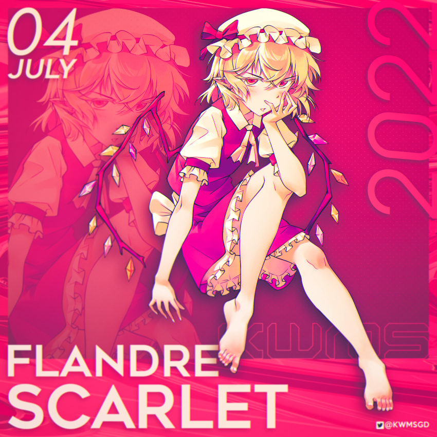 1girl, 2022, absurdres, artist_name, back_bow, barefoot, blonde_hair, bow, character_name, collared_shirt, dated, english_commentary, flandre_scarlet, frilled_skirt, frilled_sleeves, frills, hair_between_eyes, hand_on_own_face, hat, hat_ribbon, highres, kwms, looking_at_viewer, mob_cap, multicolored_wings, pointy_ears, puffy_short_sleeves, puffy_sleeves, red_background, red_eyes, red_ribbon, red_skirt, red_theme, red_vest, ribbon, shiny, shiny_hair, shirt, short_sleeves, skirt, solo, touhou, twitter_logo, twitter_username, vest, white_bow, white_headwear, white_shirt, wings, zoom_layer