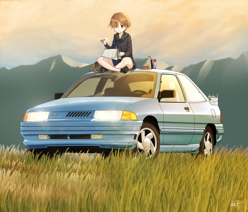 1girl, absurdres, bag, blue_eyes, brown_hair, burger, car, clouds