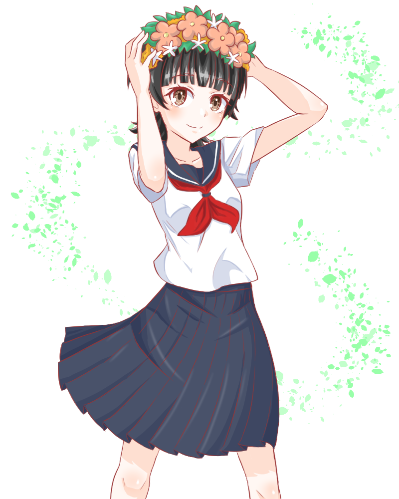 1girl, black_hair, black_skirt, brown_eyes, closed_mouth, flower, hair_flower, hair_ornament