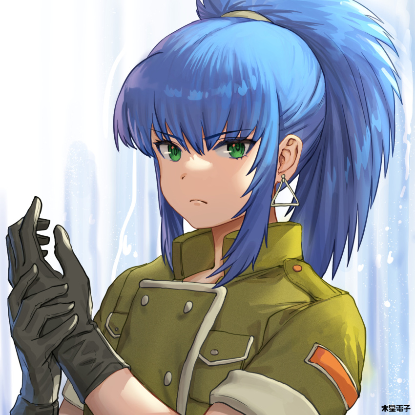 1girl, adjusting_clothes, adjusting_gloves, bangs, black_gloves, blue_hair, earrings, gloves