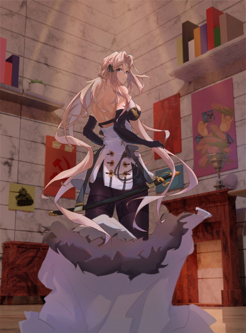 1300dudekafeibei, 1girl, absurdres, azur_lane, bare_shoulders, black_gloves, black_pantyhose, blonde_hair