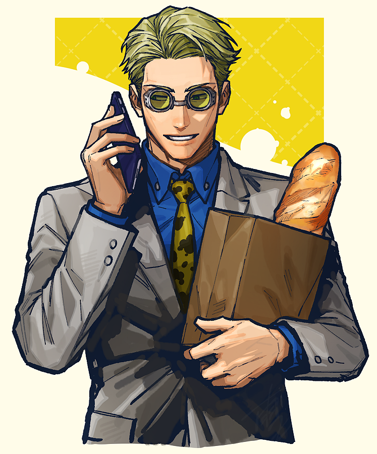 1boy, bag, baguette, bangs, blonde_hair, blue_shirt, bread, collared_shirt