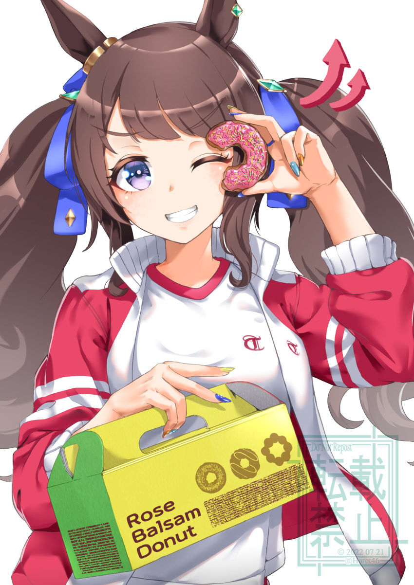 1girl, animal_ears, blue_eyes, breasts, brown_hair, commentary_request, doughnut, fingernails