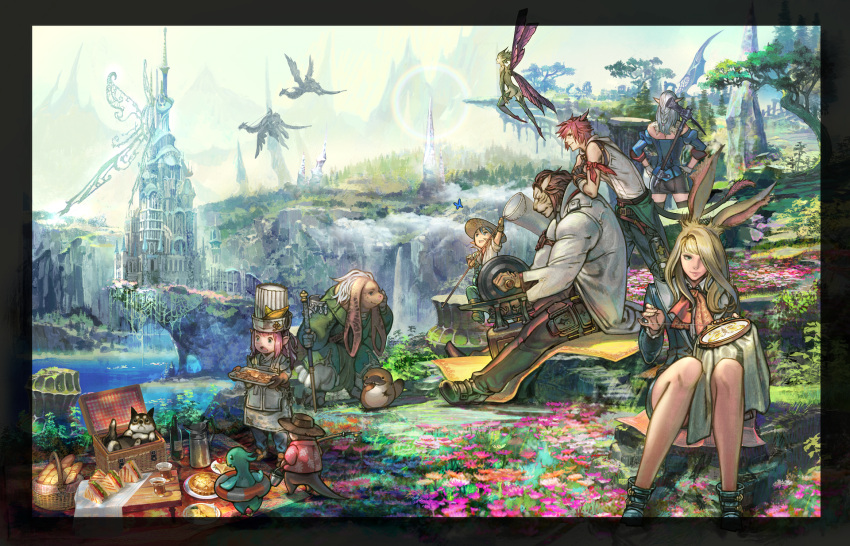 2others, 3boys, 3girls, :o, amaro_(ff14), animal_ears, apron, arcade_(architecture)