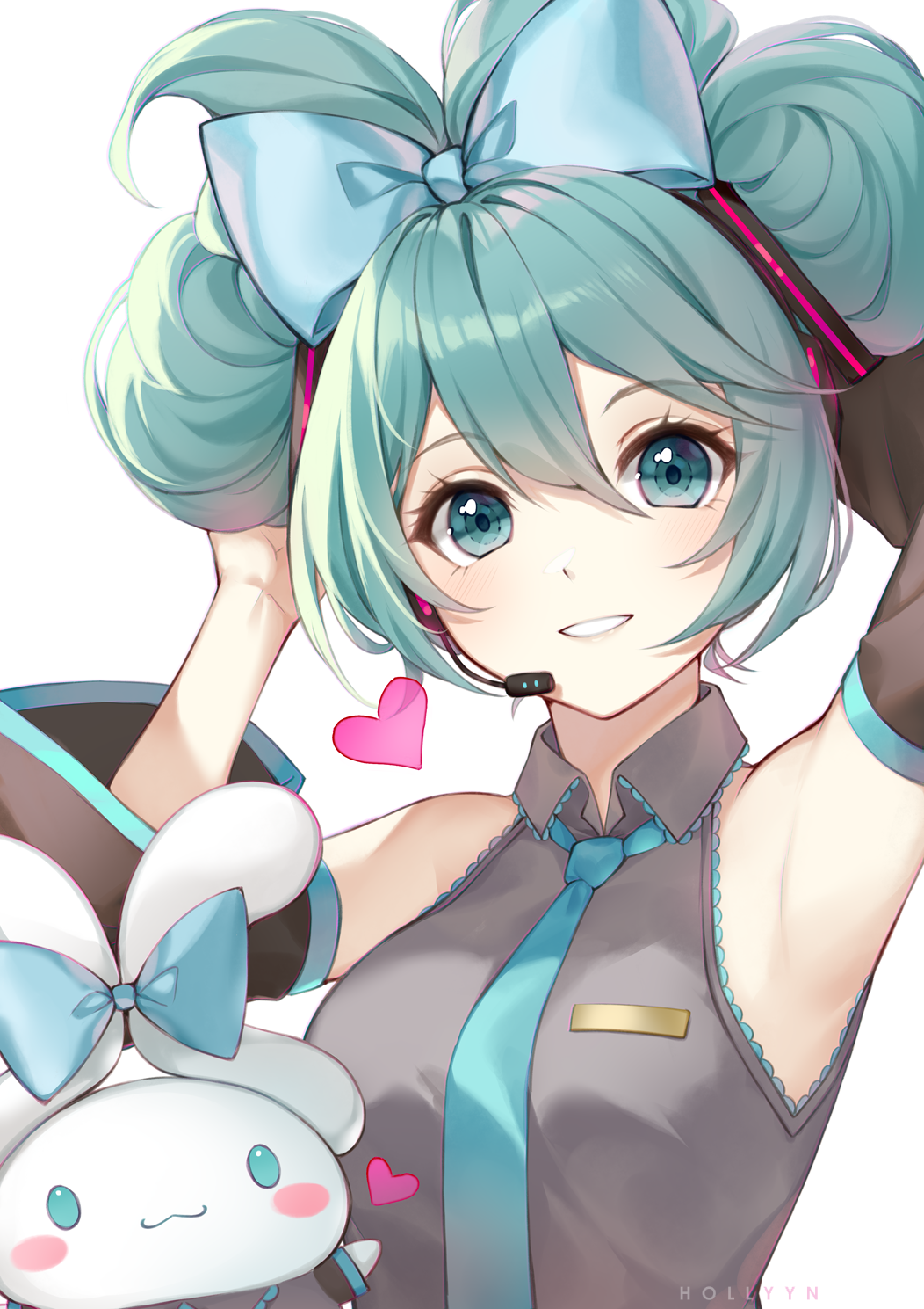1girl, :3, alternate_hairstyle, aqua_bow, aqua_eyes, aqua_hair, aqua_necktie, armpits