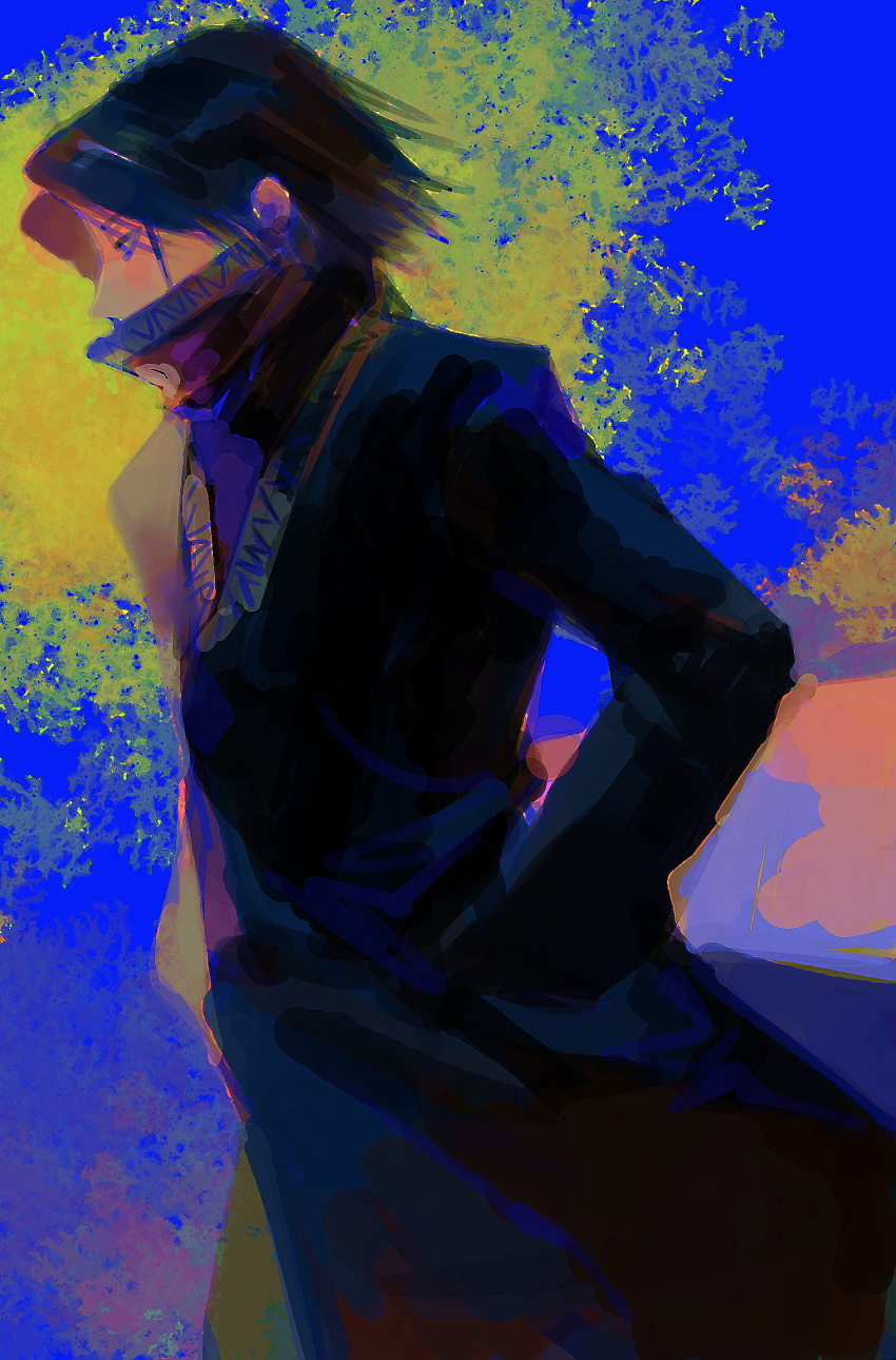1boy, bangs, black_hair, covered_mouth, feet_out_of_frame, feitan, half-closed_eyes, hands_in_pockets