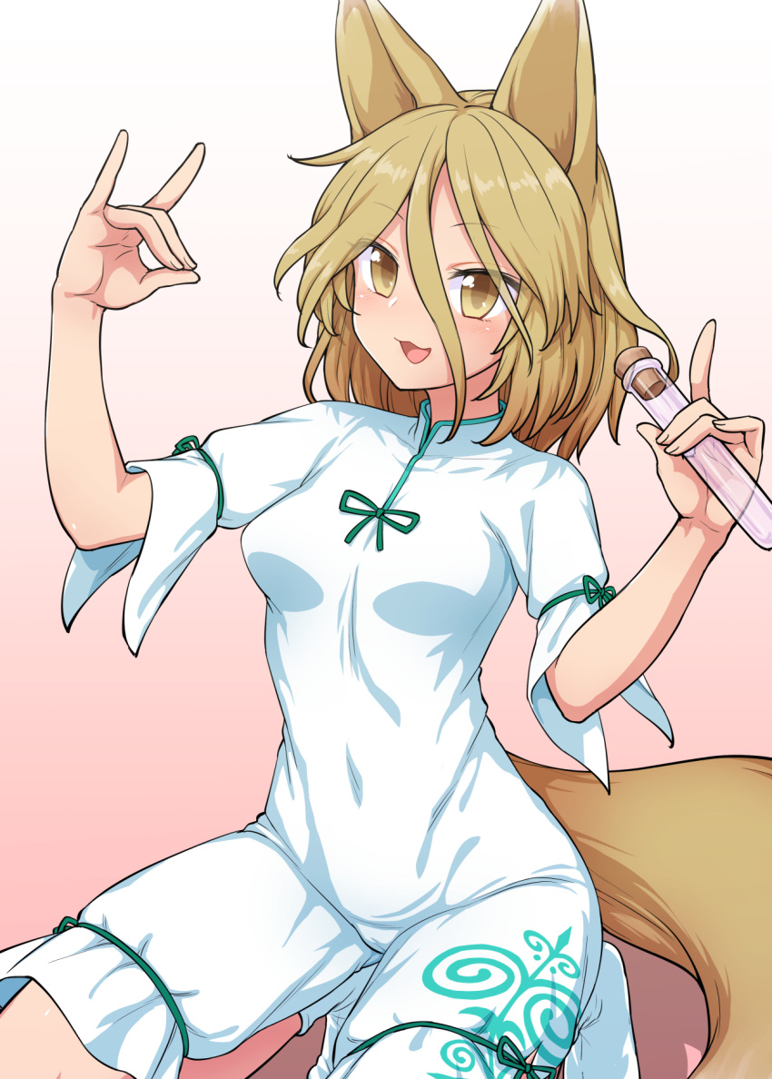 1girl, :3, animal_ears, arms_up, blonde_hair, brown_eyes, corked_bottle, covered_navel