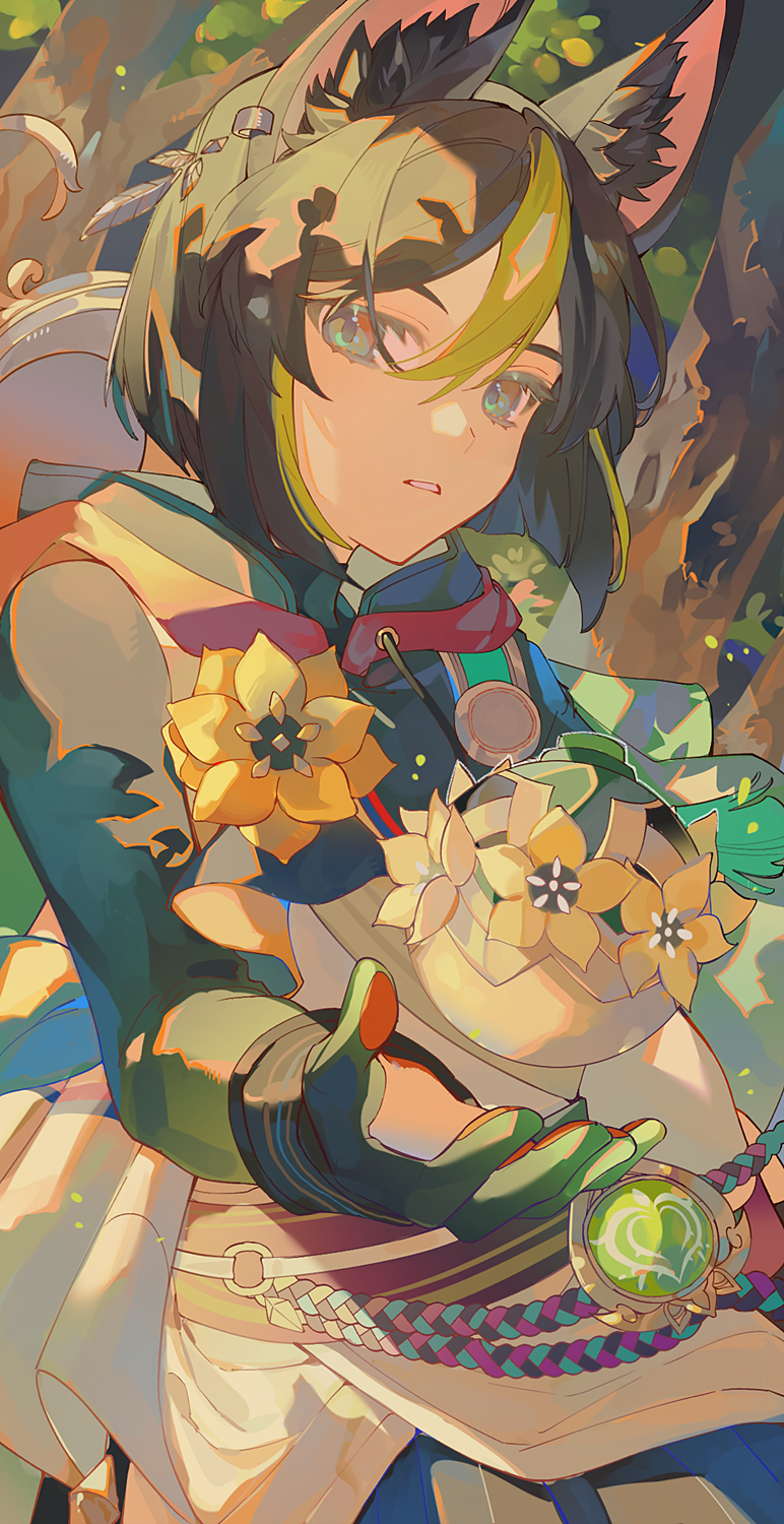 1boy, animal_ear_fluff, animal_ears, black_hair, blunt_ends, flower, fox_boy, fox_ears, genshin_impact, gloves, green_eyes, green_hair, hair_between_eyes, highres, hood, hoodie, looking_at_viewer, male_focus, multicolored_hair, parted_lips, solo, streaked_hair, tighnari_(genshin_impact), vision_(genshin_impact), yedididii, yellow_flower