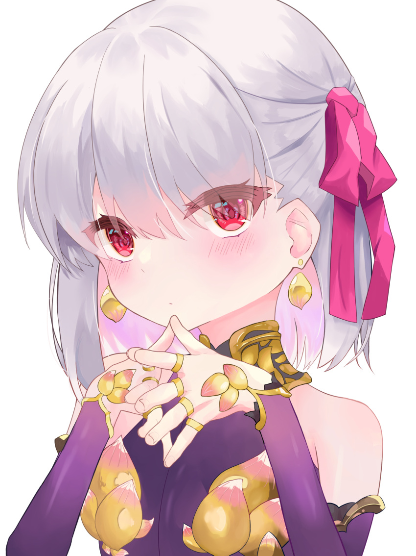 1girl, bare_shoulders, blush, breasts, collar, detached_sleeves, dress, earrings