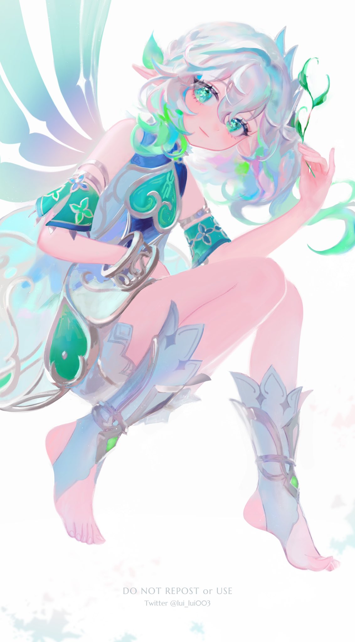 1girl, bangs, bloomers, bracelet, cape, detached_sleeves, dress, female_child, genshin_impact, gradient_hair, green_cape, green_eyes, green_hair, hair_ornament, highres, jewelry, kusanali_(genshin_impact), leaf_hair_ornament, long_hair, multicolored_hair, nahida_(genshin_impact), pointy_ears, shoulder_cape, side_ponytail, smile, solo, toeless_footwear, uida_rui, underwear, white_bloomers, white_dress, white_footwear, white_hair, wings