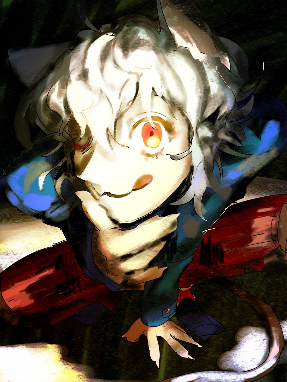 >_o, 1other, :q, androgynous, animal_ears, blue_shirt, cat_ears, cat_tail