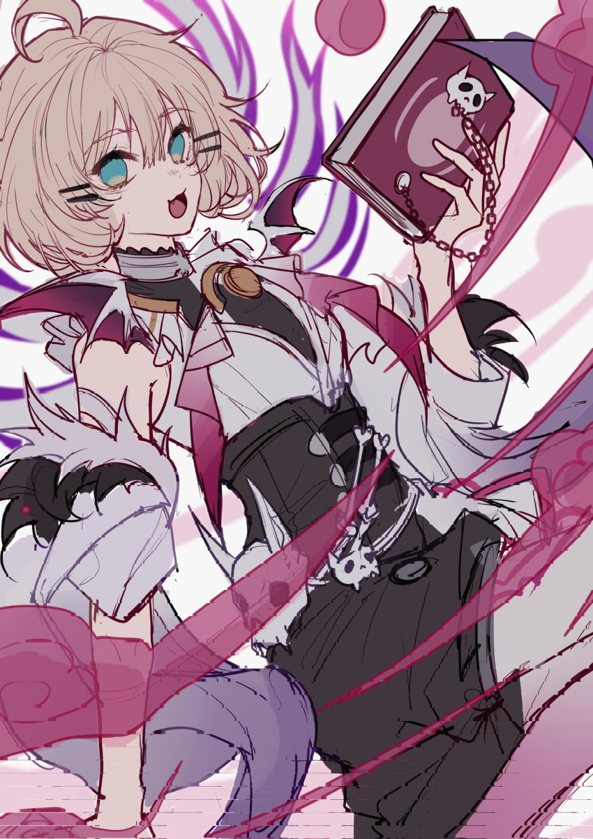 1girl, black_shorts, blonde_hair, blue_eyes, book, chinese_commentary, cosplay, detached_sleeves